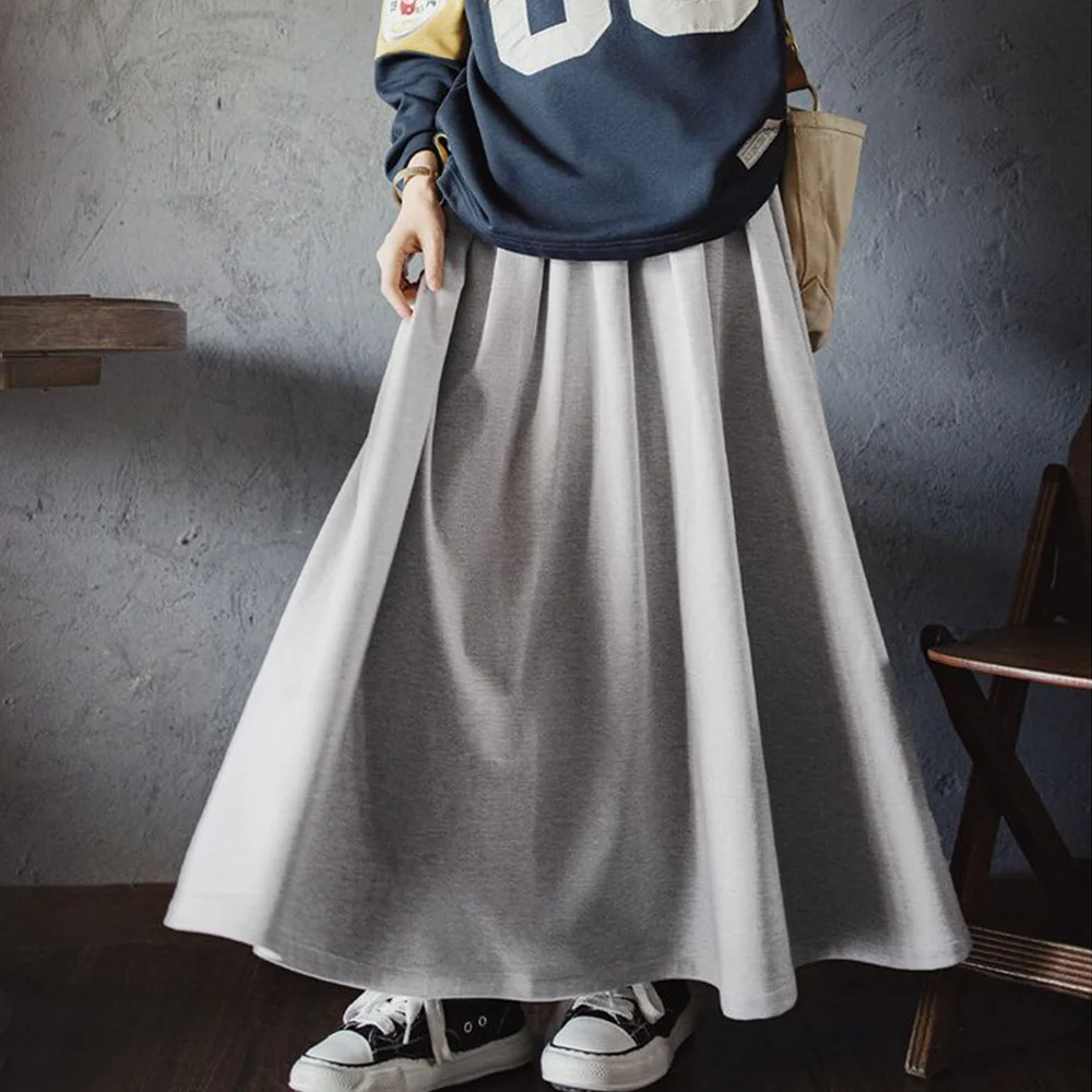 Maden Women High Waist Wool-Feel Pleated Long Skirt A-Line Flare Midi Elegant Winter Skirt for Work or Daily Wear