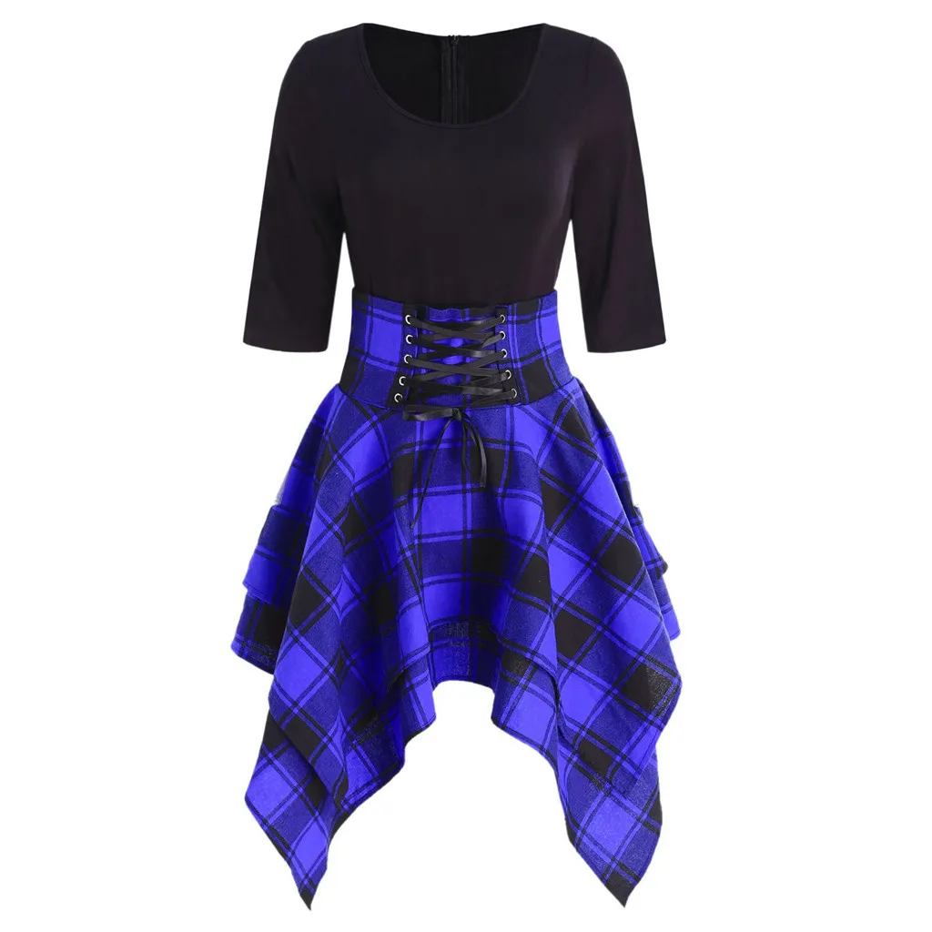 Fashion Dresses For Women Casual O-neck Lace Up Dress Gothic Tartan Plaid Print Asymmetrical Mini Dress Женское платье 2022 New