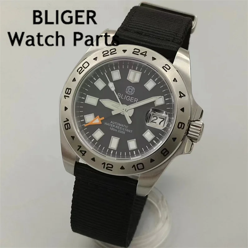 BLIGER 40mm NH34 Men's mechanical watch green luminous black blue dial sapphire glass Nylon watch band