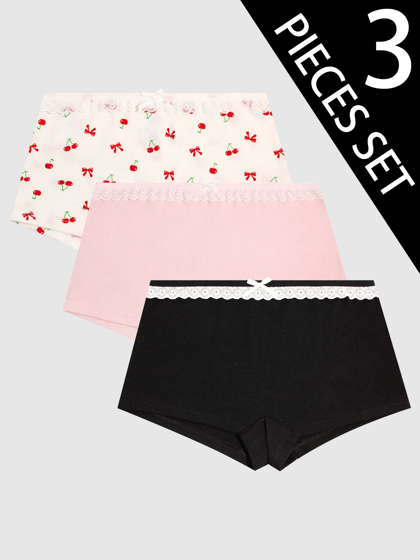 3-Pack Lace Trimmed Cherry Print Underwear with Bow Detail Comfortable Mid-to-Teen Girls Briefs Teenage Female Boxer Shorts
