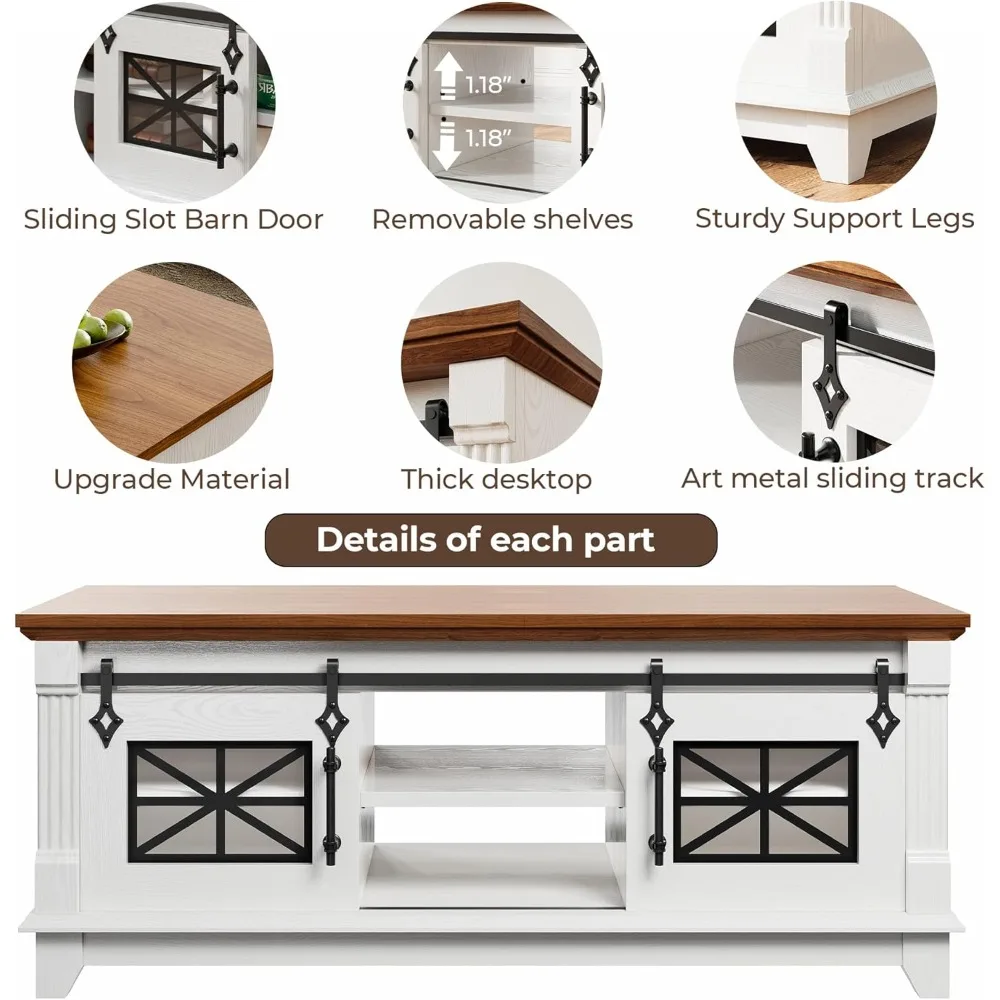 48'' Coffee Table with Sliding Barn Doors, Rustic Center Table with 6 Large Storage Space, Glass Doors and Adjustable Middle Sh