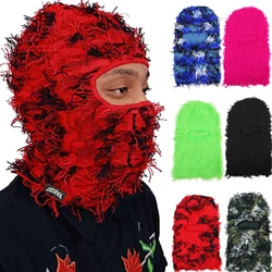 Hip Hop Balaclava Distressed Knitted Caps Full Face Ski Mask Women Outdoor Camouflage Fleece Fuzzy Ski Balaclava Beanies Men Hat