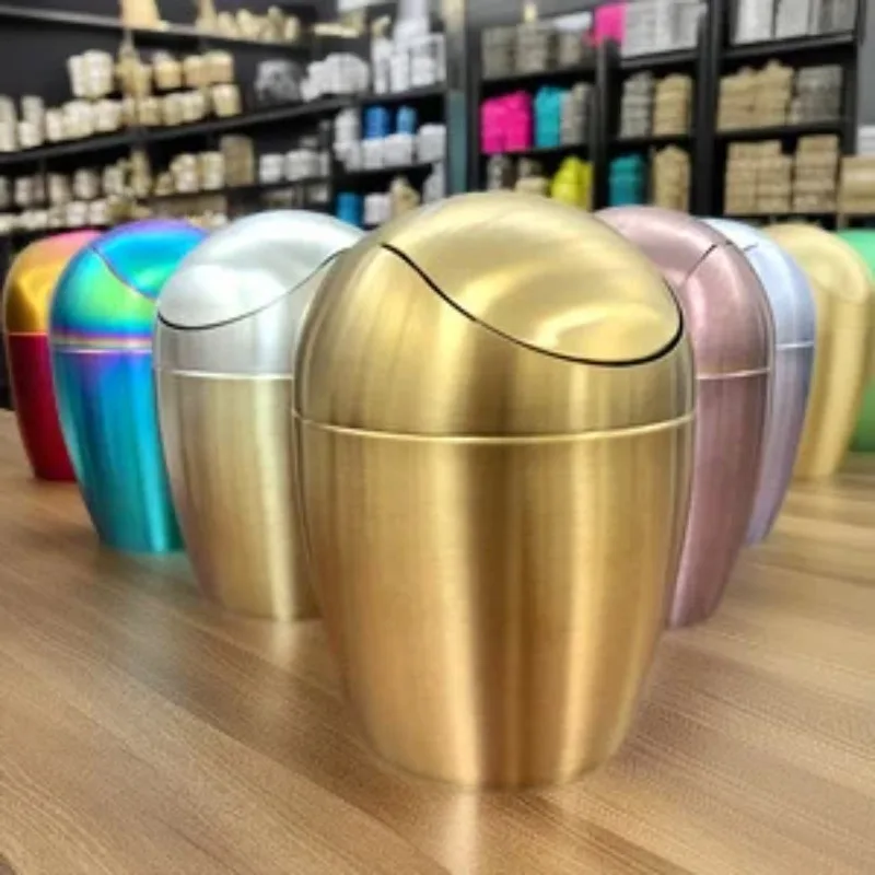 

Мини-мусорное ведро из нержавеющей стали 304, овальное, с откидной крышкой, настольный контейнер для отходов, маленький, цветной, для офиса, ванной, стола