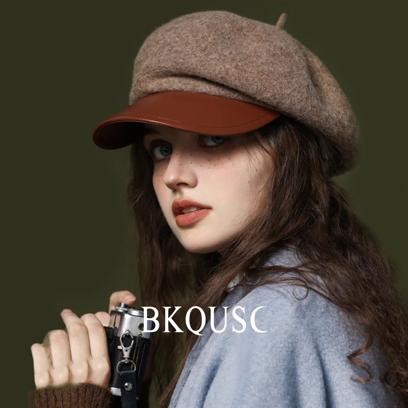 

BKQUSC Ретро-береты для женщин, зимние теплые модные классические шерстяные береты, элегантные винтажные кепки с козырьком из искусственной кожи, шапки художника
