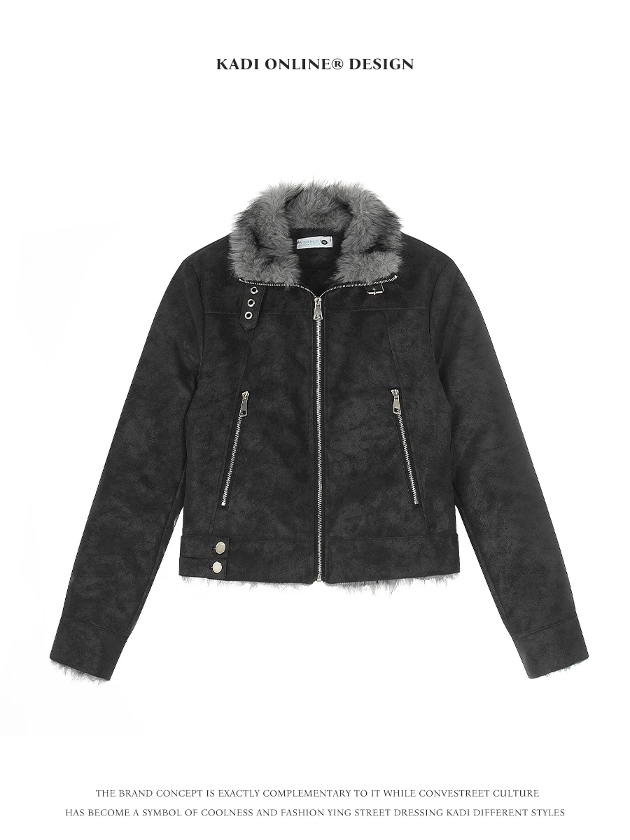 

Куртка KADI в американском ретро-стиле из замши и хлопка, стеганая, теплая, приталенная, в байкерском стиле, для мужчин и женщин, с меховым воротником