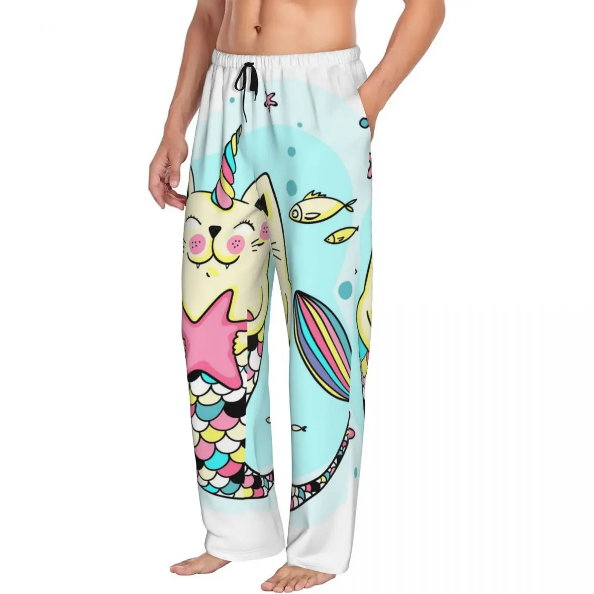 Cat Mermaid Pajama Pants Sleepwear for Men Elastic Waistband Sleep Lounge Bottoms with Pockets