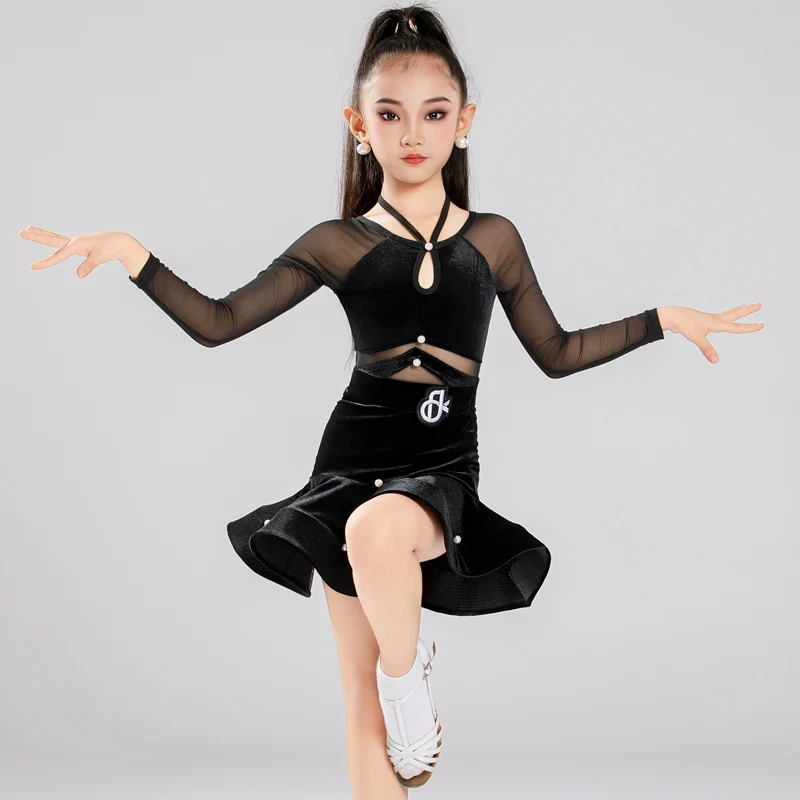 

Black Velvet Pearl Latin Dance Clothes Girls Fishbone Dress Kids Latin Dance Performance Competitin Dress Cha Cha Dress