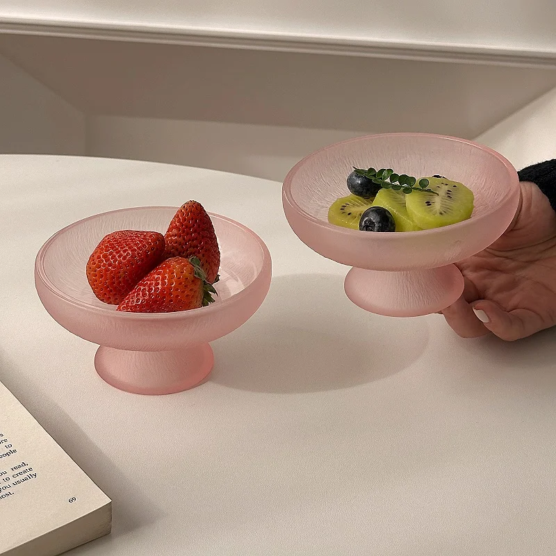 Pink Frosting Fruit Serving Tray Household Living Room Glass Dim Sum Plates Ins Style Versatile Round Candy Dishes