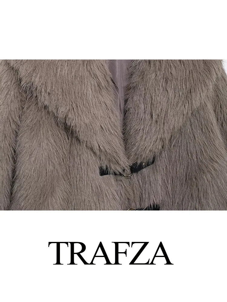 TRAFZA Elegant Woman Winter Turn-Down Collar Long Sleeve Warm Loose Outerwear Women Short Faux Fur Jackets Casual Coat Mujer