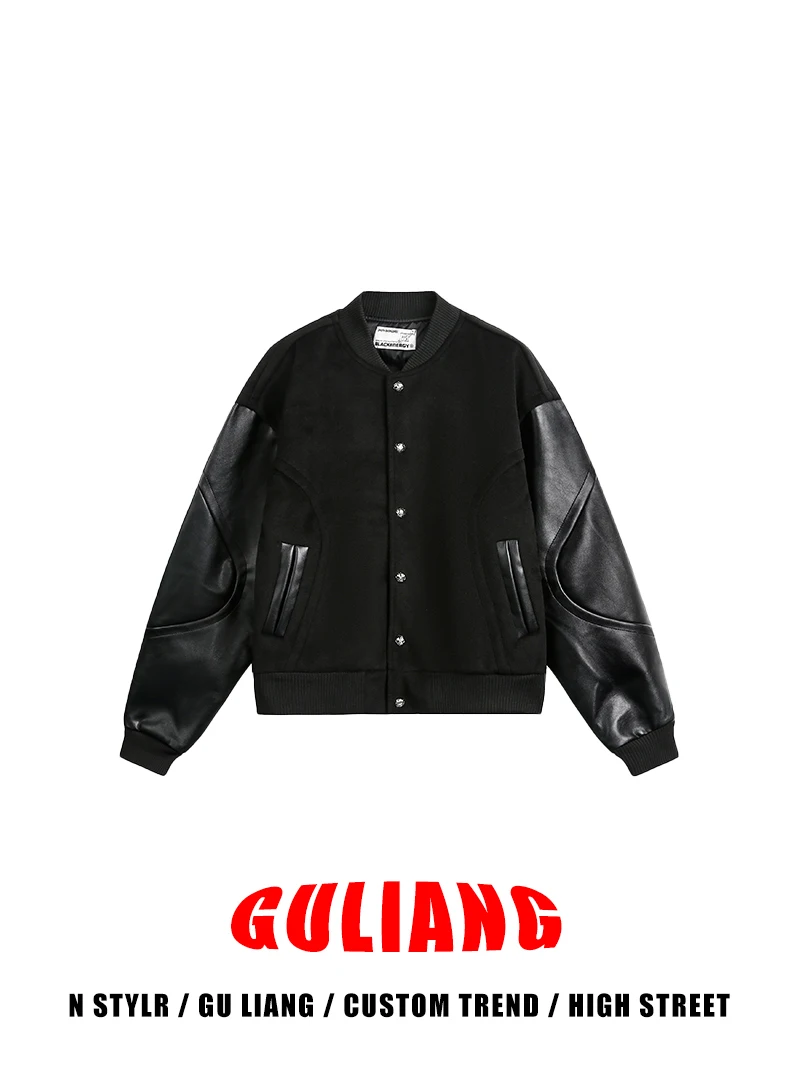 

Guliang American High Street Sle Patchwork PU Leather Sve Baseball Jaet ort Casual Мужчины Женщины Cleanfit Пальто для отдыха