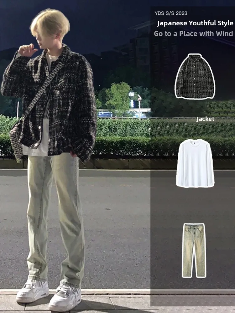 

Мужской комплект: белая клетчатая бейсбольная куртка в стиле преппи и футболка, весна-осень, американский стиль, аккуратный крой