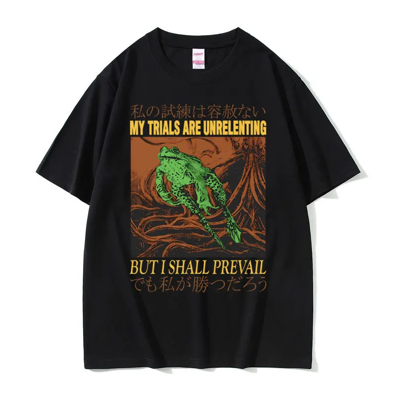 

Vintage Japanese Frog Print Tshirt My Trials Are Unrelenting But I Shall Prevall T-shirt Men Women Oversized Funny Short Sleeve