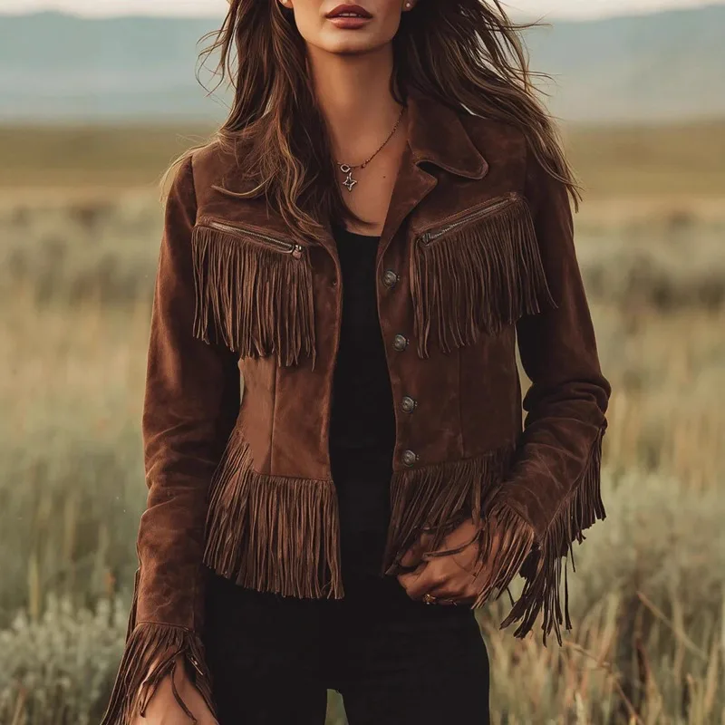 

European and American Autumn Women's Brown Coat Retro Tassel Imitation Suede Straight Tube Slim Fit Jacket Female Clothing