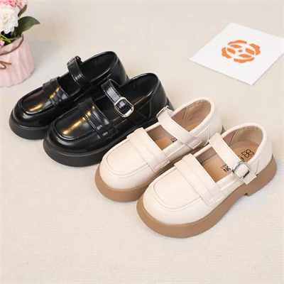 Girls British Style Black/beige Round Toe Leather Shoes, 2024 Summer New Daily Synthetic Leather Shoes Size:26-37