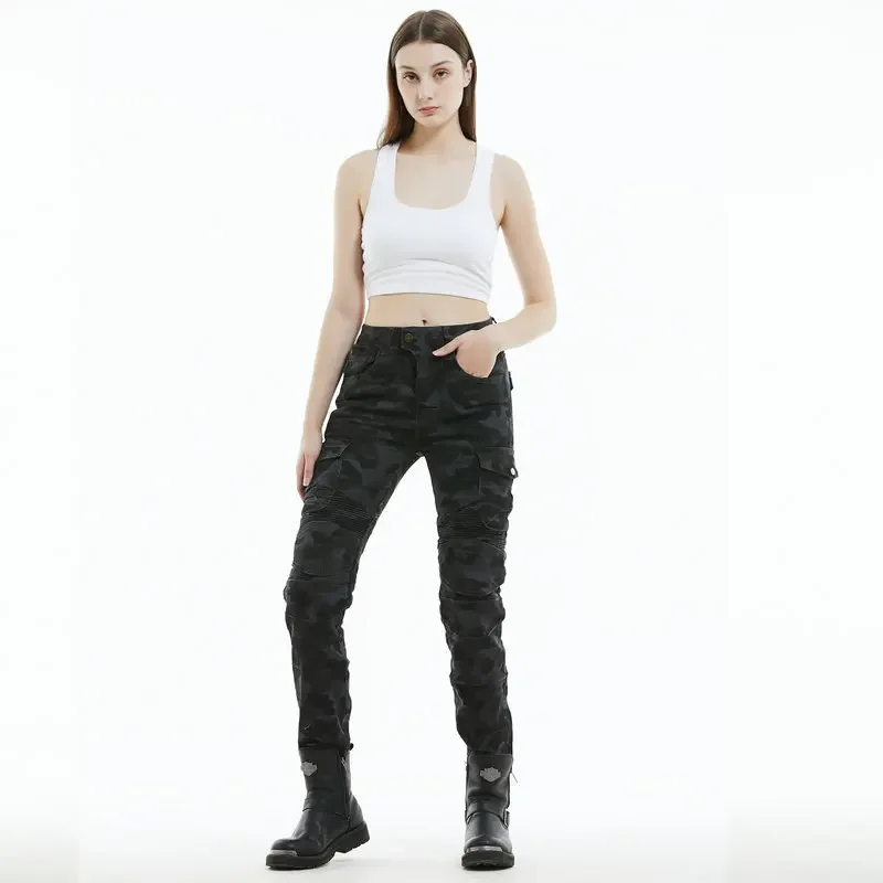 

Windproof Waterproof Women's Motorcycle Riding Pants Elastic Anti-drop Pants Casual Motorcycle Multi-bag Blue Camouflage Pants