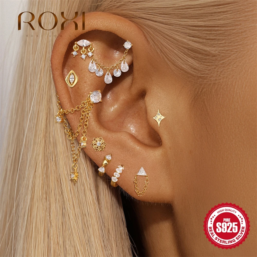 

ROXI 1Pc 925 Sterling Silver WaterDrop Chain Tassel Star/Flower Piercing For Women Ins Dainty Flat Head Puncture Ear Bone Nail