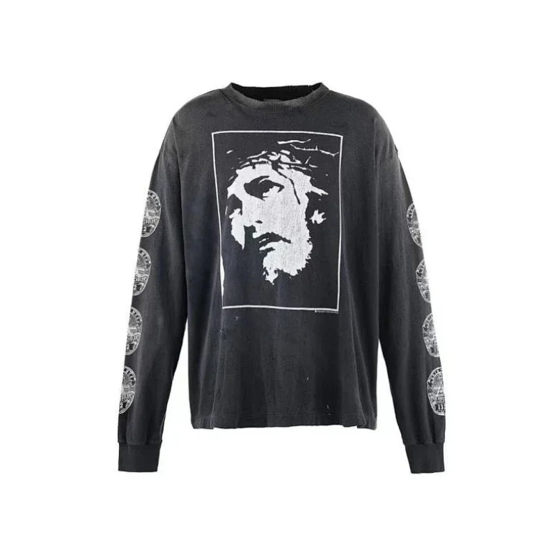 26SS Saint Men Women Oversized Long Sleeve T Shirt Vintage Washed Do Old Damaged Classic Print High Street Casual Top Arrival