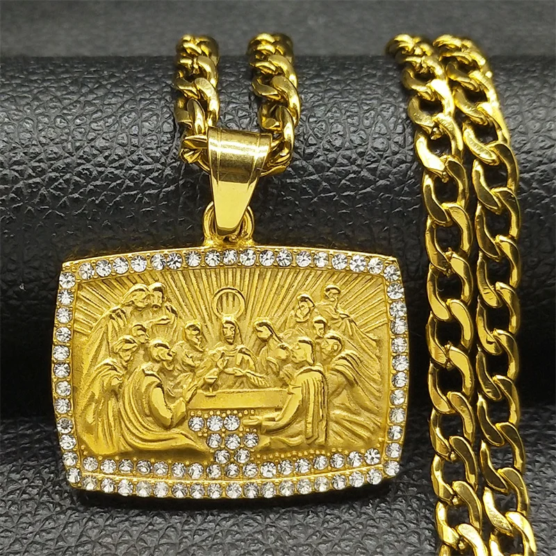 Thirteen Apostles Of Judaism Rhinestone Pendant Necklace For Men Stainless Steel  Gold Color Chain The Last Supper Punk Jewelry