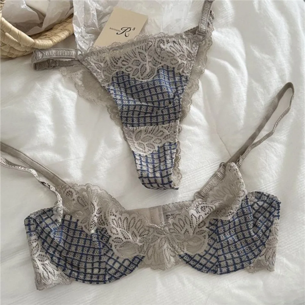 Hot Selling French Sexy Plaid Embroidery Mesh Bra‑Panty Set Soft Underwire Push‑Up Minimizer For Large Bust Ladies Lingerie S-XL