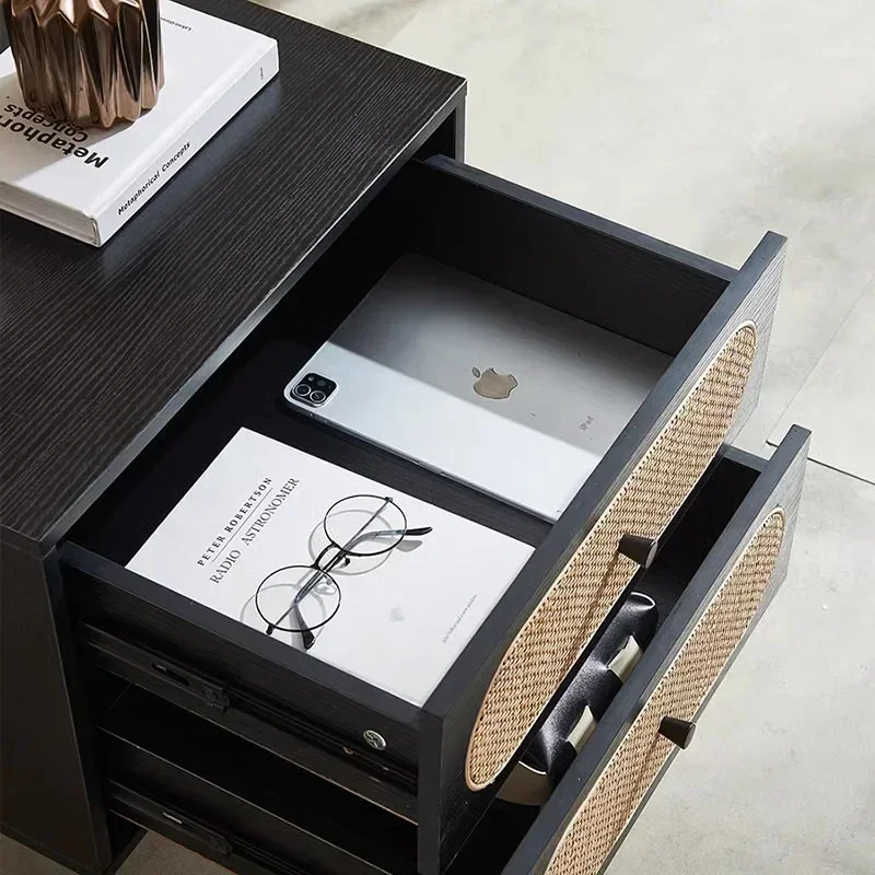 Black Rattan Nightstand Bedsides Table Drawers Cabinets Living Room Coffee Mesas Mobile Camera Letto Home Furniture