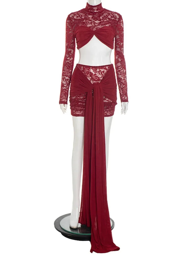 الدانتيل مثير قطعتين مجموعة المرأة الياقة المدورة طويلة الأكمام أعلى وتنورة صغيرة مطابقة مجموعات الإناث ثنيات Ruched أطقم فساتين #6