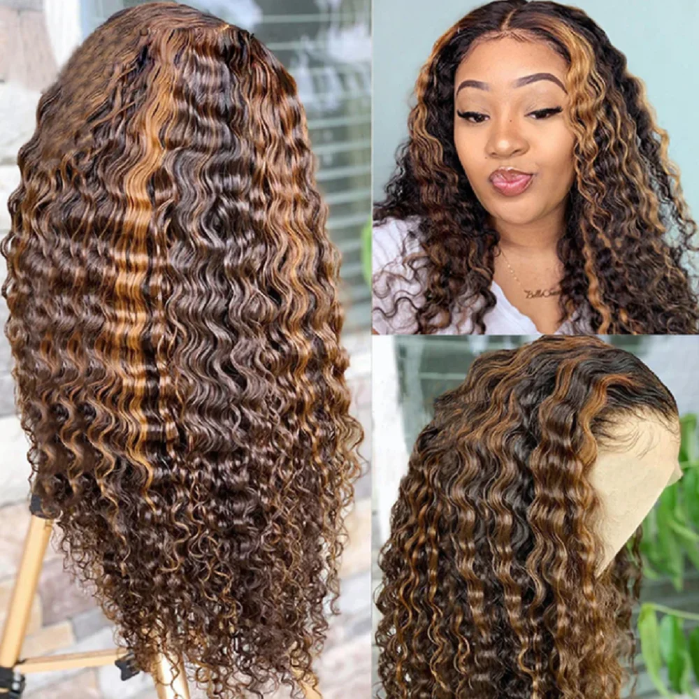 

26Inch Long 180 Density Soft Highlight Blonde Kinky Curly Lace Front Wigs For Women Baby Hair Synthetic Fiber Deep Part Daily