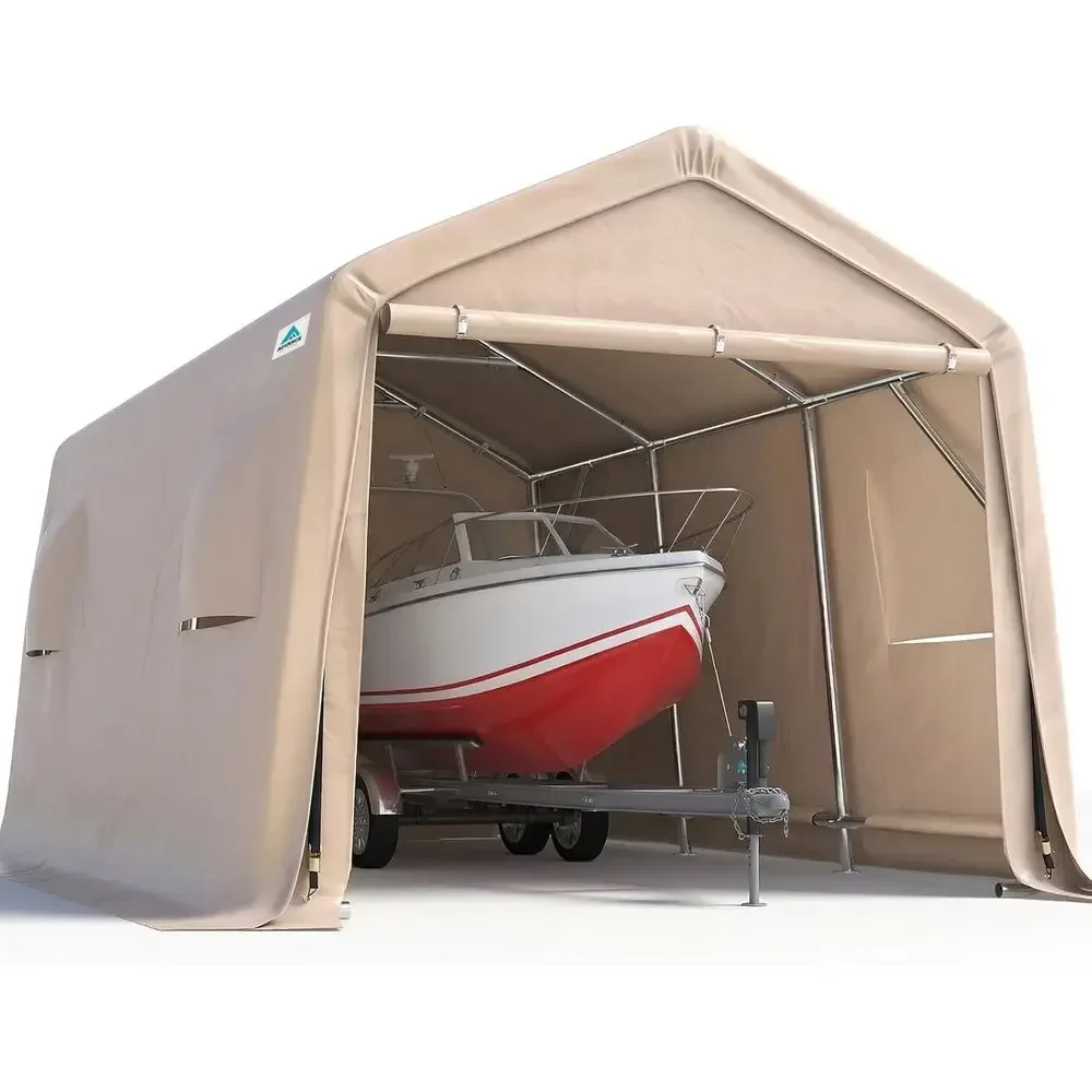 Portable 10x15 Steel Peak Roof Garage Shelter for Cars, Motorcycles, Boats, and Garden Tools with Roll-up Doors and Vents