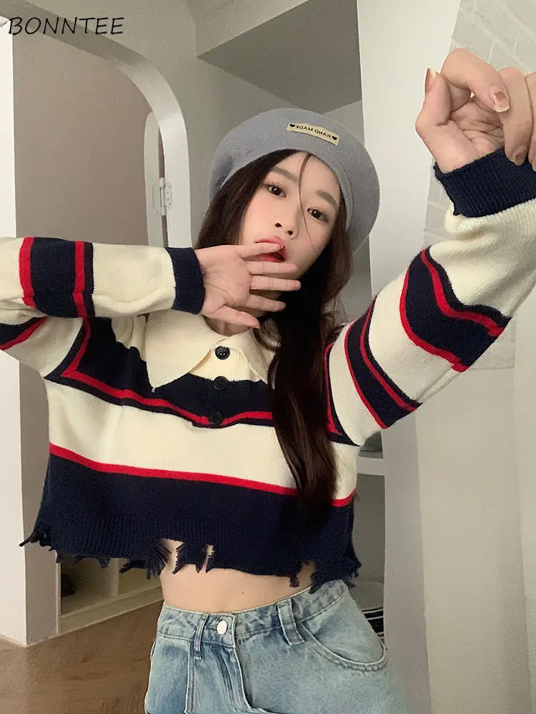 Cropped T-shirts Women Loose Leisure Striped Korean Style Tassel Design Knitted Popular Hot Spring Street Long-sleeve Chic Sweet