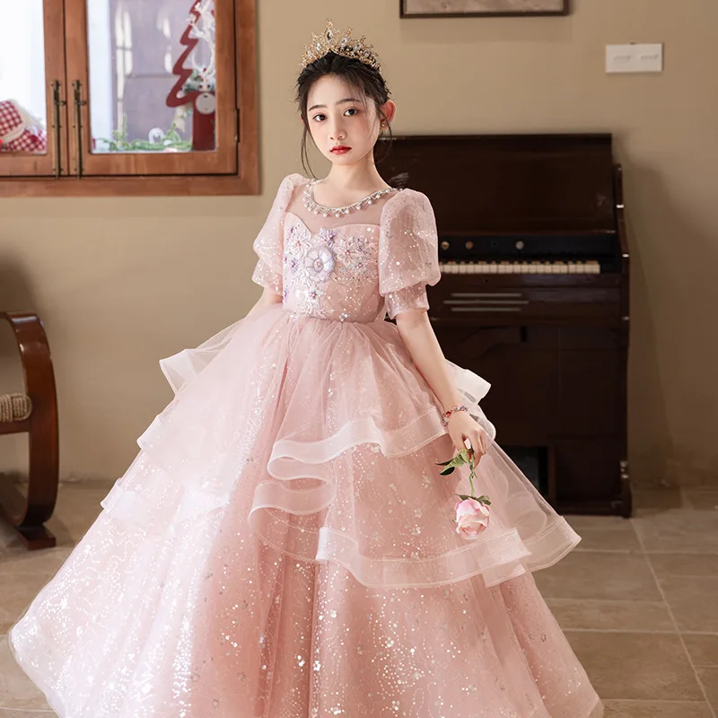 Host Girl's Dress Luxurious Niche High-end Pink Birthday Princess Dress Children's Piano Performance Costume