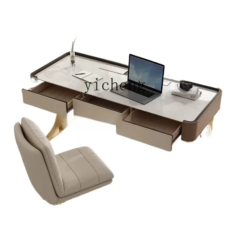 

CJ-8 minimalist high-end saddle leather desk modern minimalist study computer desk light luxury rock slab desk