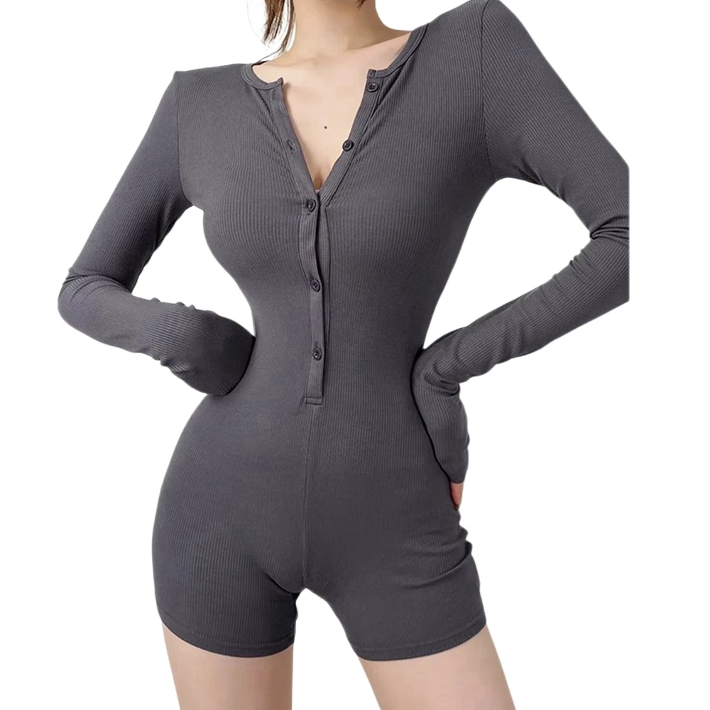 

Women‘s Yoga Jumpsuits Long Sleeve Buttons Slim Fit Stretch One Piece Short Playsuits Dark Grey Romper Sexy Ladies Home Clothes