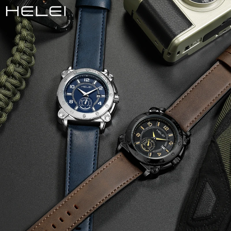 ساعة يد كوارتز كاجوال رياضية جديدة من HELEI بحزام جلدي للرجال