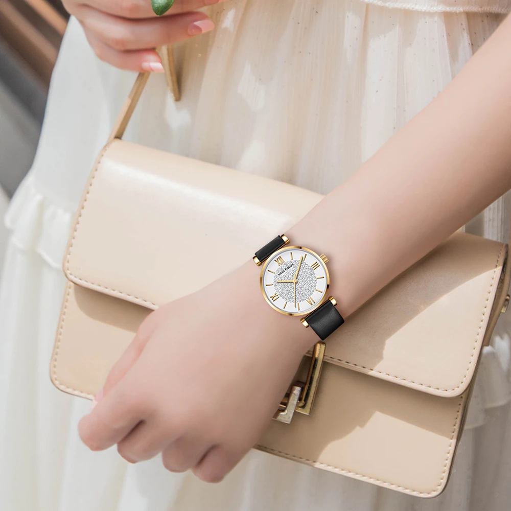 MINI FOCUS MF0334L Women Luxury Watch Diamonds Dial Brown Genuine Leather Strap Waterproof Ladies Quartz Watches