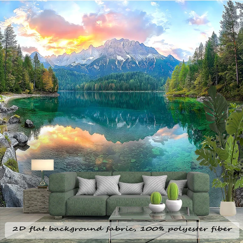 1PC Mountain Lake Sunset Landscape Printing Background Banner, Bedroom Living Room Photo Background, Polyester Fiber