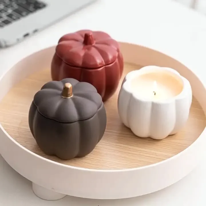 1pcs  Matte White Ceramic Pumpkin Baker with Lid Halloween Candle Jars