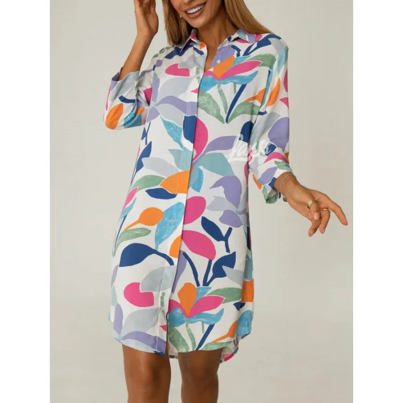 2025 봄/여름 신상품: 유럽-미국 스타일의 패셔너블하고 우아한 프린트 칼라 싱글 브레스티드 가디건 드레스