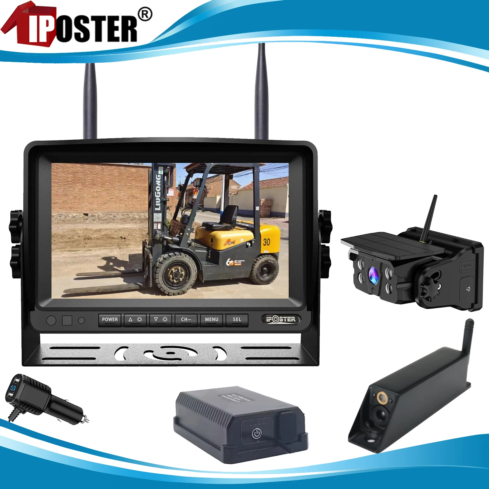 

iPoster Digital Wireless 7" DVR Monitor Standby Mode 1080P Laser Positioning Forklift Front View Camera Solar Rear View Camera