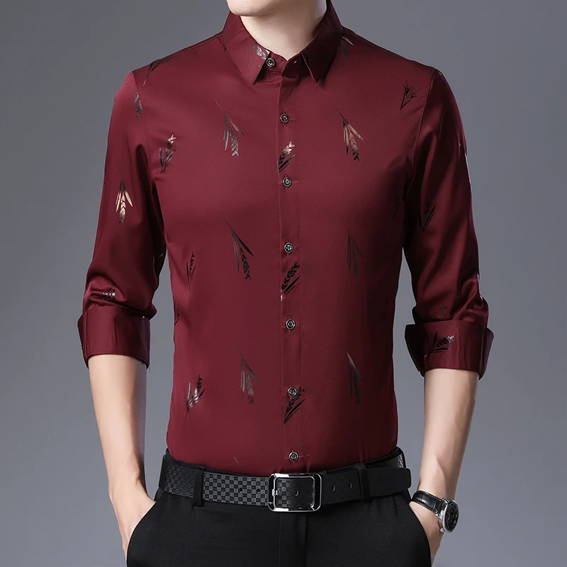 Camisas de negócios masculinas outono nova moda imprimir camisa de manga longa masculina casual magro ajuste camisa de vestido social clássico festa blusa superior