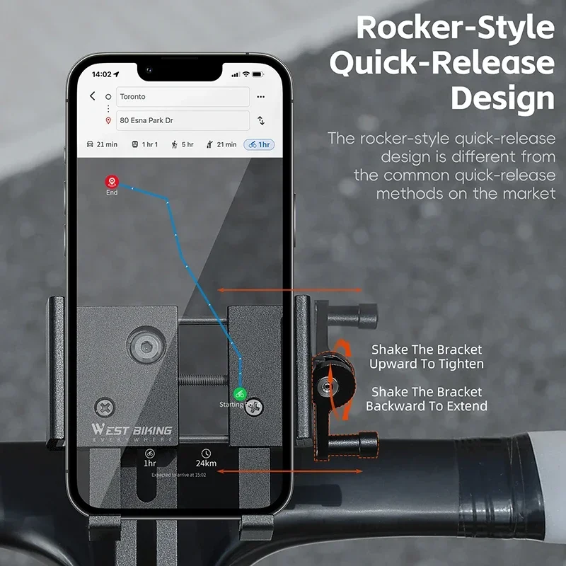 WEST BIKING Bicycle Stem Mount Phone Holder 3.5-6.7 Inch Rocker Style Quick Release Mobile Phone Bracket 360 Degree Rotation