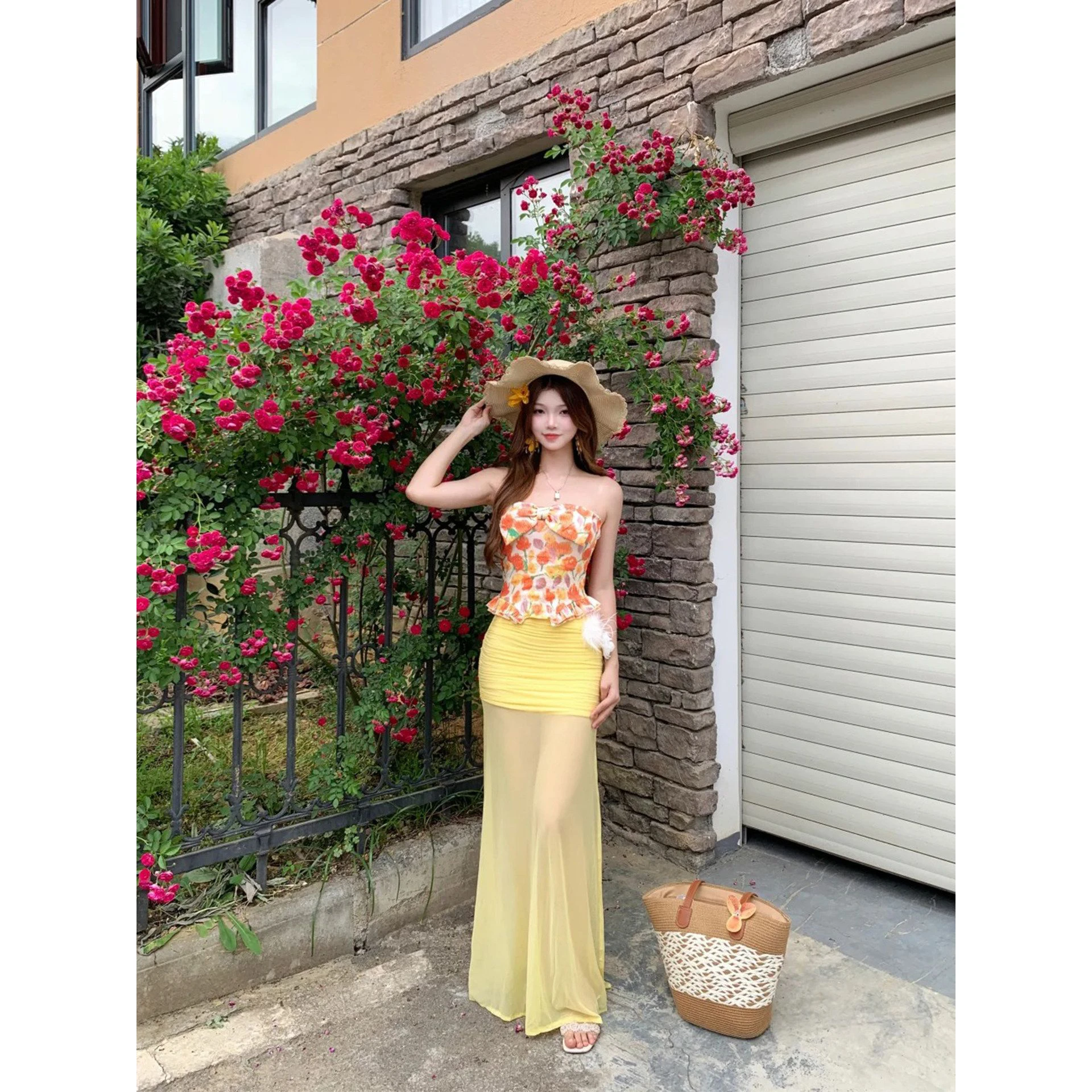 Beachside Dopaamine Matching Set Women's Beach Dress Halter Top Mesh Skirt Two-Piece Suit Three-Quarter Sleeve Other Material