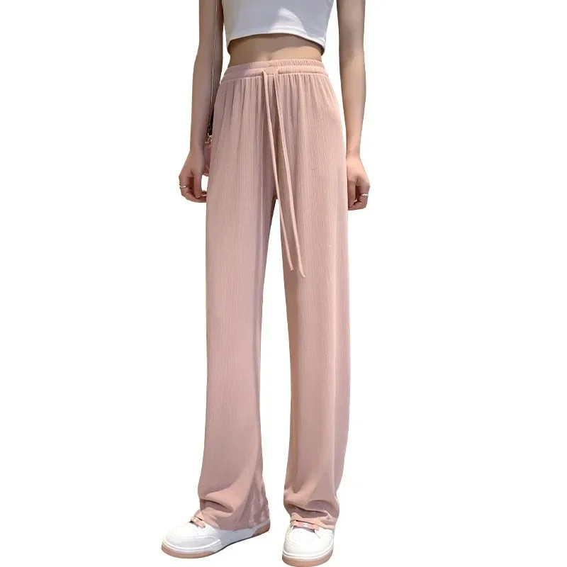 Women's Wide Leg Pants Summer Ice Silk Straight Trousers High Waist Ladies Casual Loose Satin Soft Full-length Pants for Women