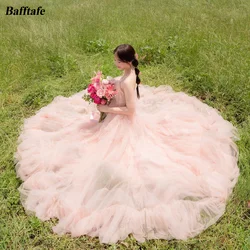 Bafftafe Fairy Pink Ruffle Tulle Prom Dresses Korea Garden Party Gowns Pleat Customized Formal Bride Wedding Photo Shoot Dress