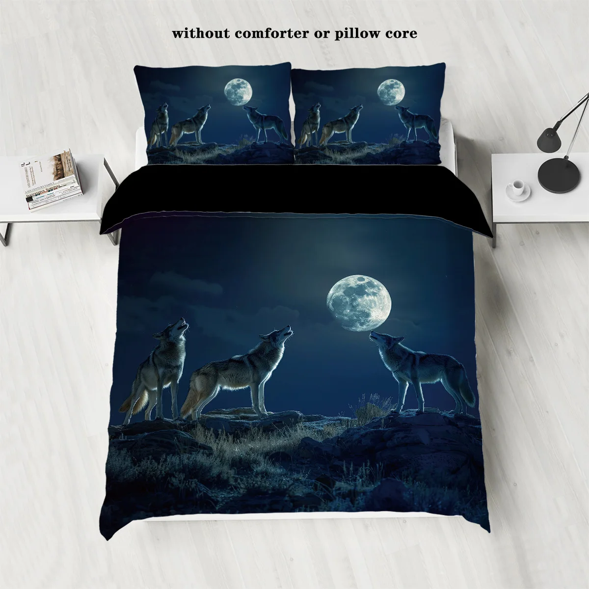 Set biancheria da letto con stampa serie Wolf and Moon Theme, comodo, caldo, per camera da letto, hotel, soggiorno in famiglia (1 * copripiumino + 2