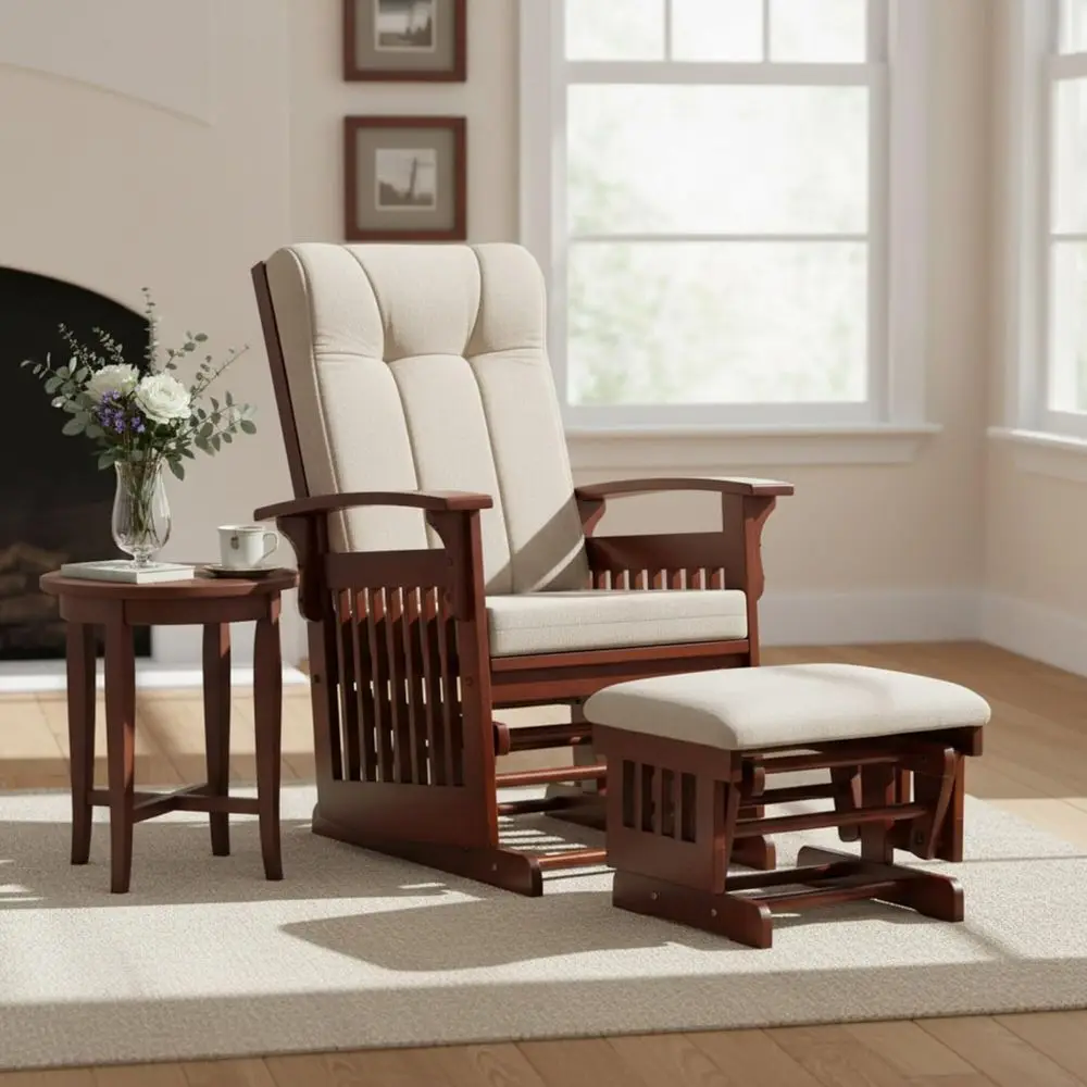 

Cream White Nursery Glider and Ottoman Set with Rustic Charm and Rocking Comfort for Living Room or Bedroom