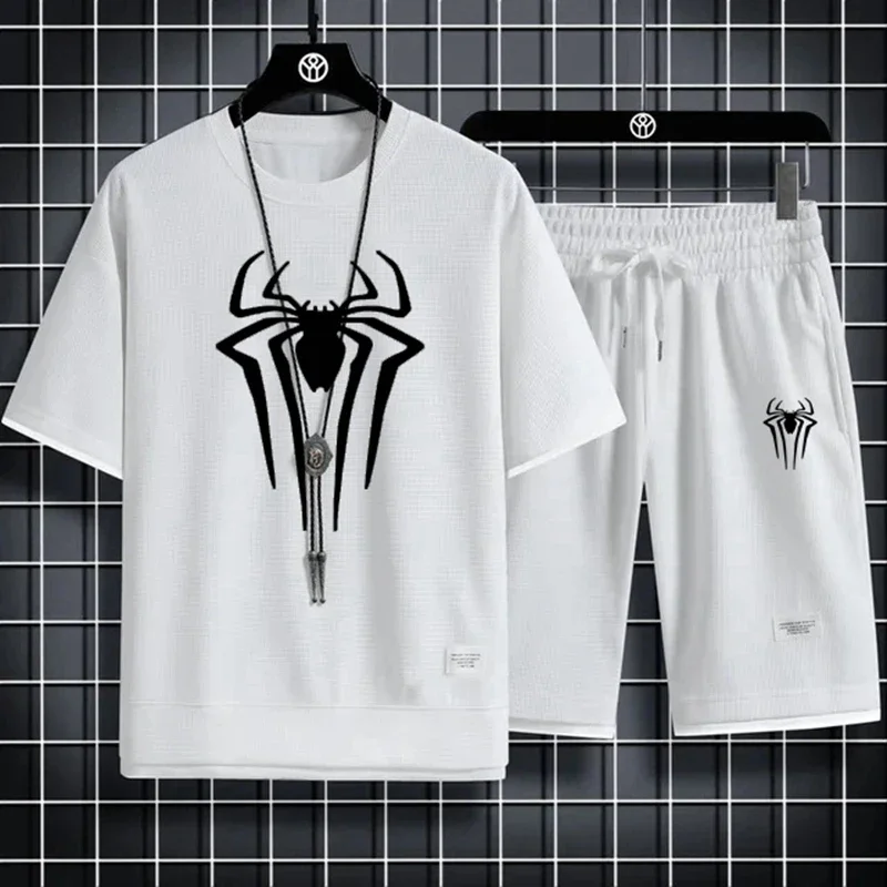 

Summer Men's Spider Print T-shirt + Shorts Suit Casual Two-piece Waffle Sportswear 2024 Fashionable and Comfortable Suit M-3XL
