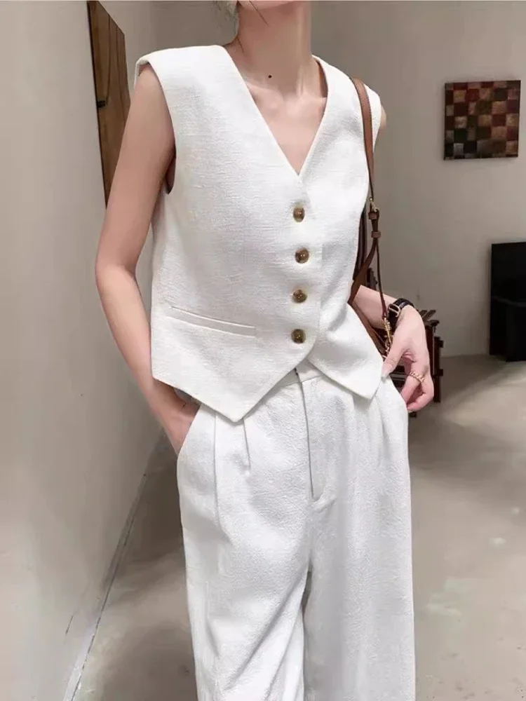 

Women Outfits Vest Wide Leg Pants Beige Office Pant Sets Outfits Summer New Korean Fashion Clothing Women Set Two Piece Sets