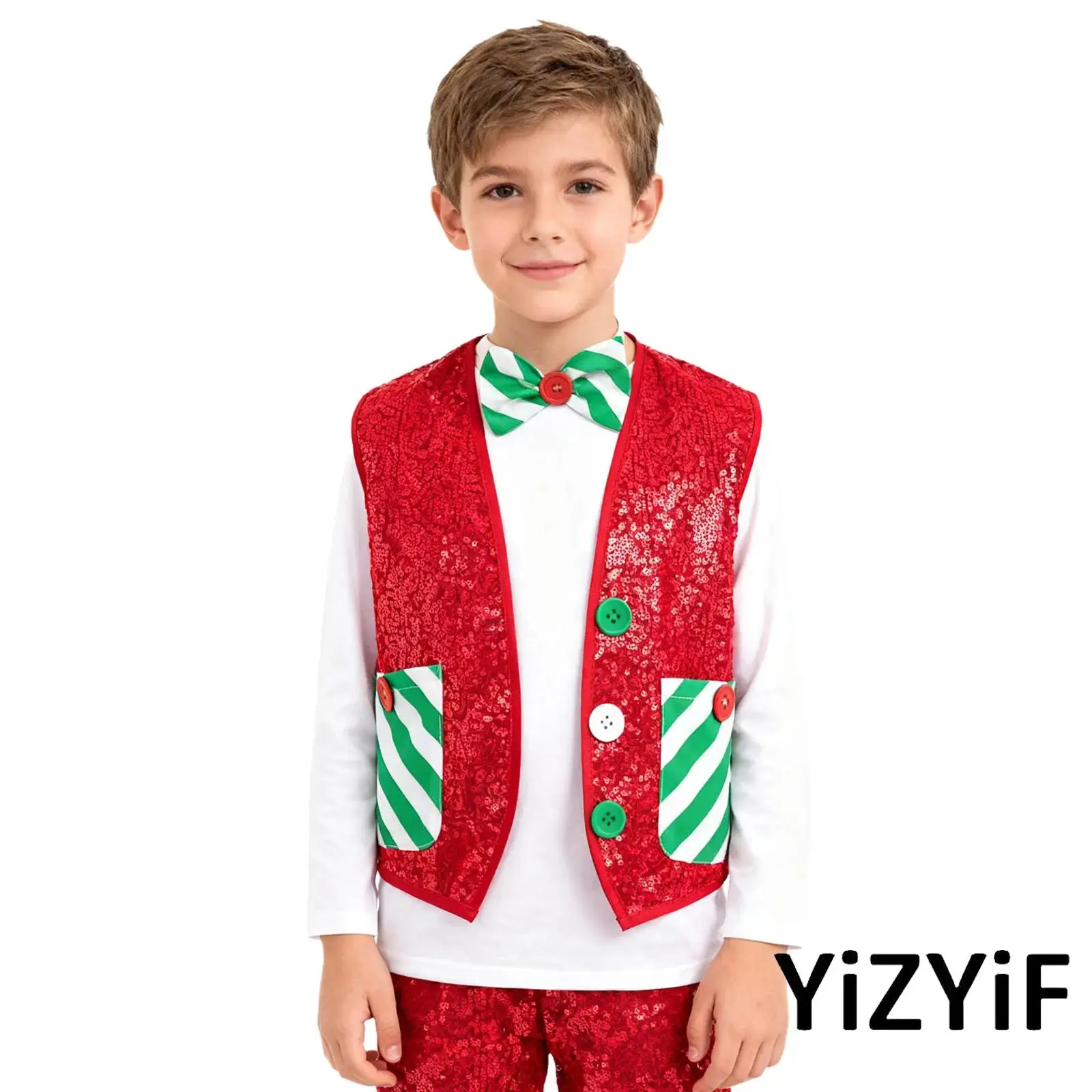 

Kids Boys Christmas Dance Vest Santa Elf Sleeveless Pockets Waistcoat Jacket with A Bow Tie Set Xmas Latin Jazz Disco Dance Wear