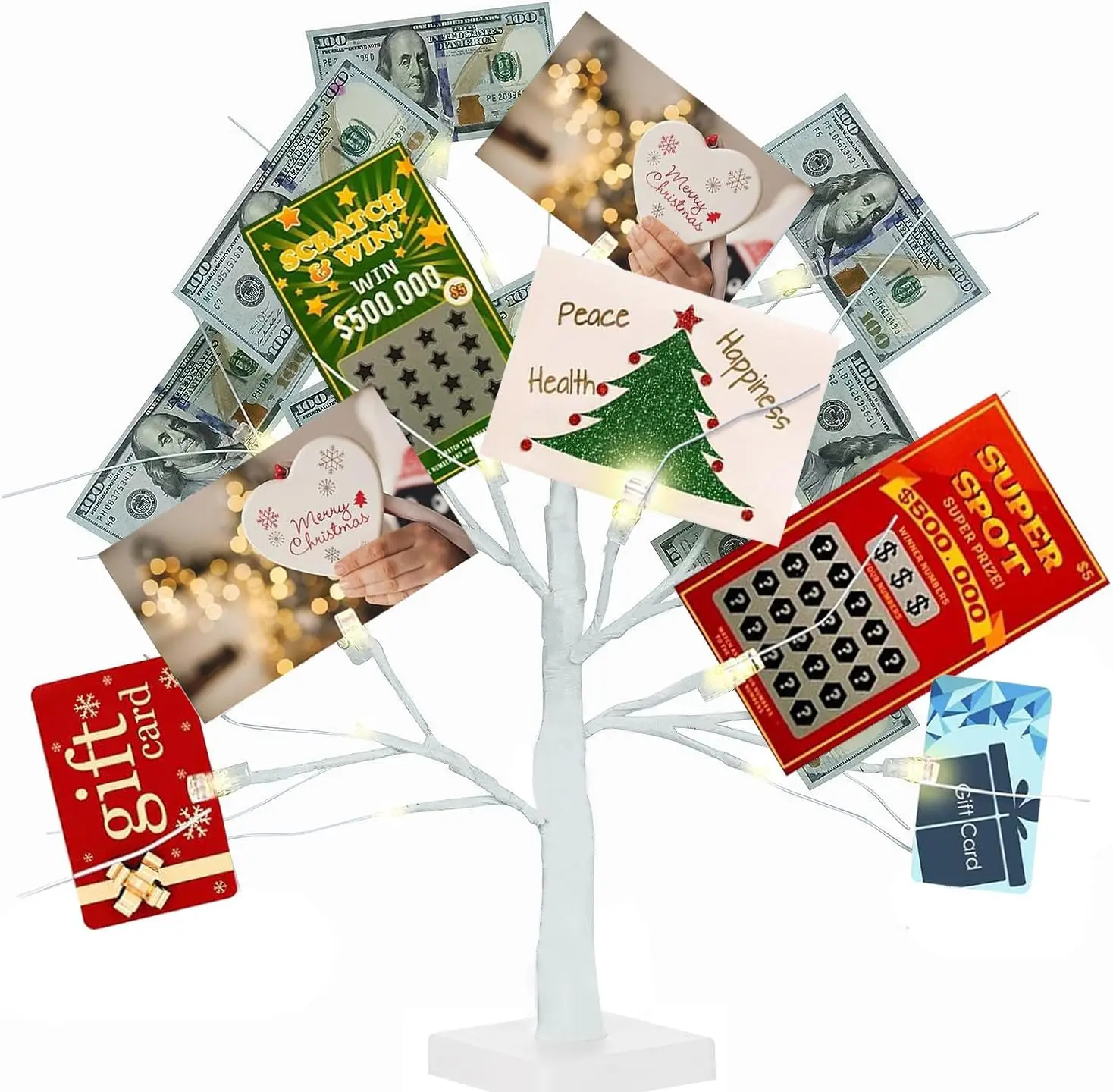 

2FT LED Birch Tree with 12 Clips, Battery Powered Display for Cards, Money & Photos - Christmas Wedding Birthday Decor
