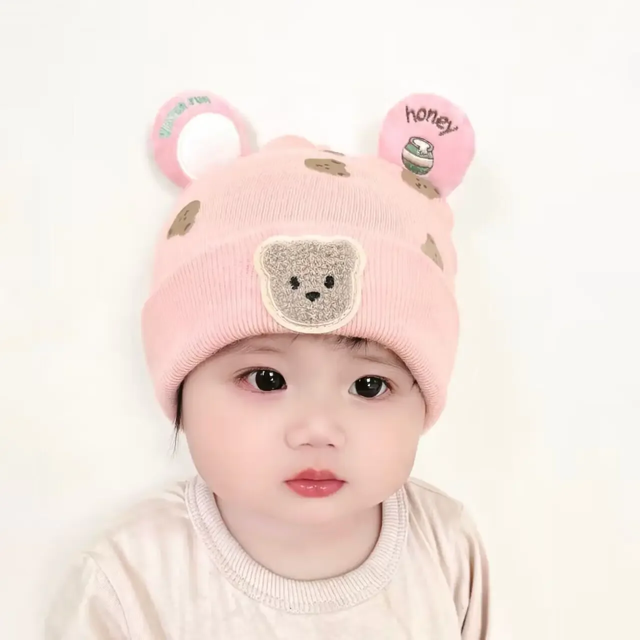 Wnter Gorro cálido para bebé, gorro tejido con orejas de oso para niño y niña, gorros tipo jersey con estampado de dibujos animados para niños