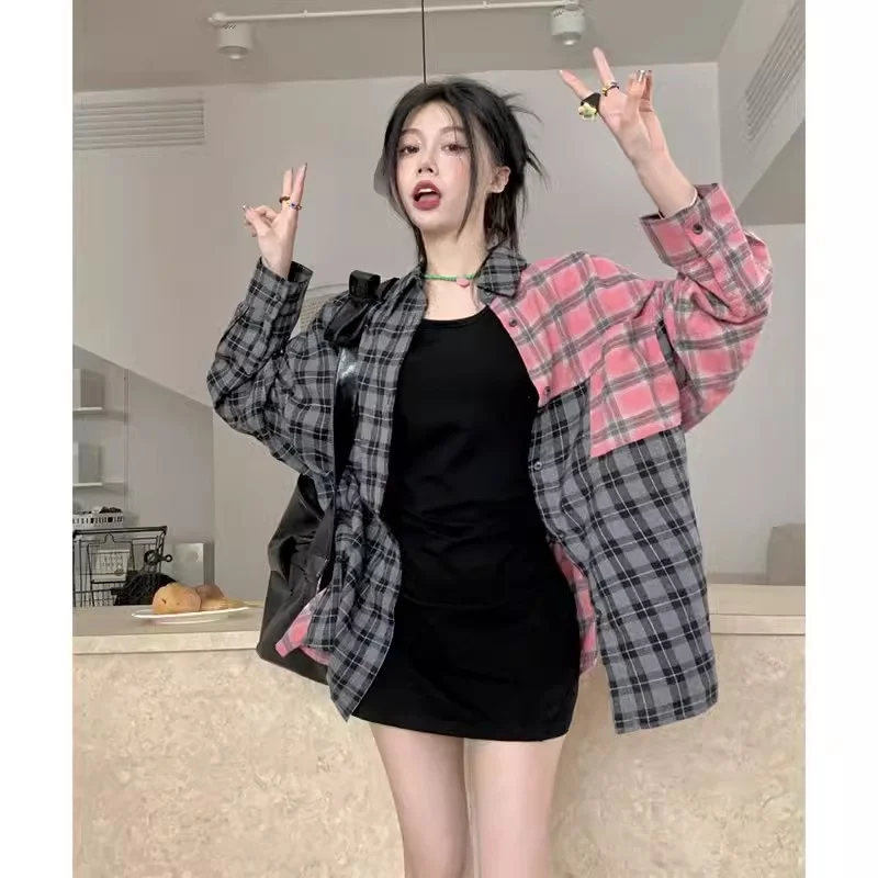 

Grey Pink Contrasting Checkered Irregular Sunscreen Shirt Women's Hong Kong Style Temperament High-end Feeling Gentle Style Top